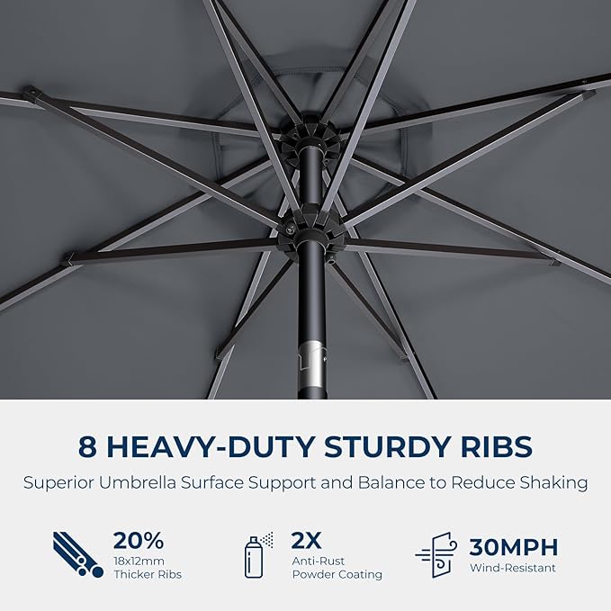 HOMSHADE 9ft Solar Patio Umbrella - Solar Lights LED Lighted Outdoor Market Table Umbrella, UPF50+ UV Protection with Push Button Tilt, Crank for Pool Deck and Garden (Dark Grey)