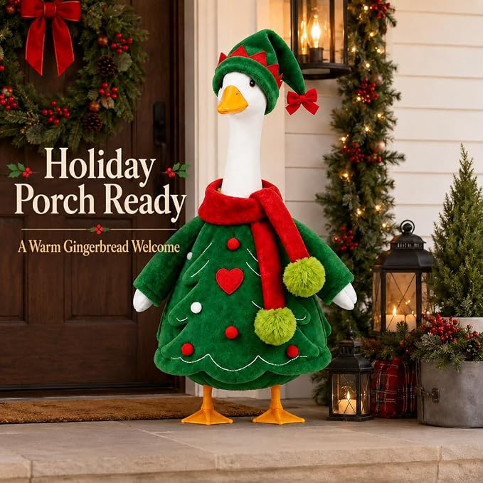 STONESTAR Christmas Porch Goose Outfits for 23" Goose Statue, Xmas Tree Goose Plush Clothes with Elf Hat & Pom Pom Scarf, Festive Outdoor Yard Garden Christmas Santa Holiday Decor