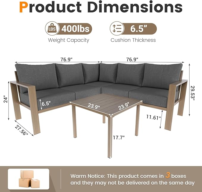 6 Pieces Patio Furniture Set, Wood-Look Metal Outdoor Sectional Furniture Conversation Set, L Shape Patio Couch with Side Table, 6.5" Thick Olefin Cushions for Garden, Backyard, Deck(Dark Grey)