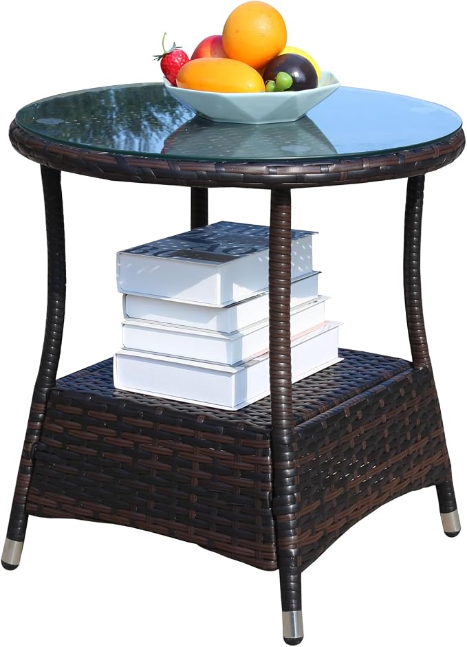 Round Outdoor PE Wicker Side Table with Storage, Patio Rattan End Table Round Glass Top Table for Furniture Gardening Tools