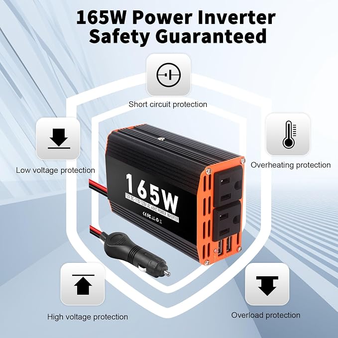 165W Car Power Inverter 12V AC to 110V/120V DC Converter Peak Power 330W Indoor & Outdoor Use with 2 AC Outlets & 2 USB Ports Car Laptop Charger Car Adapter