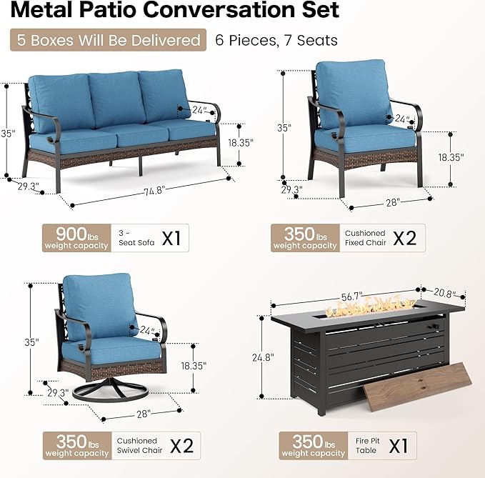 6 Piece Metal Outdoor Patio Furniture Sets with Firepit Table, Patio Conversation Sets 1 3-Seater Sofa, 2 Leg Sofa and 2 Swivel Chair with 5.75" Cushion for Backyard Deck, Denim Blue
