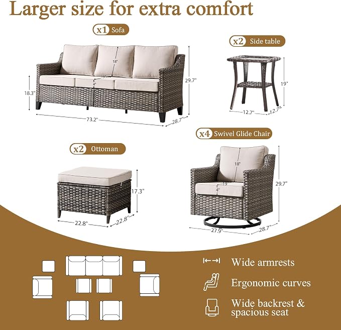 Luxury Patio Furniture sofa Set - 9 Pieces All Weather Wicker Outdoor Couch and High Back Swivel Rocker Patio Chairs with Side table&footstools for Deck Yard and Poolside Gray Wicker | Beige Cushions