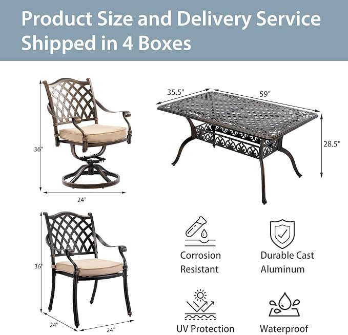 7-Pcs Cast Aluminum Patio Dining Set,59" Rectangular Table,Bronze | Outdoor Furniture Set Include Dining Table, 4 Stackable Chairs & 2 Swivel Chairs with Cushions & Umbrella Hole