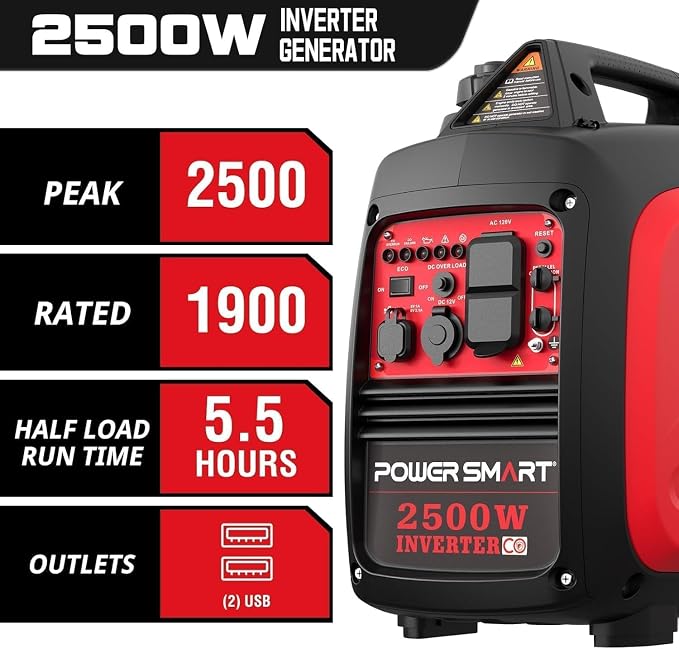 PowerSmart PS5020W 2500W Inverter Generator: Manual Start, Fuel-Efficient, with CO Alarm and USB Output—Ideal for Home and Outdoor Use