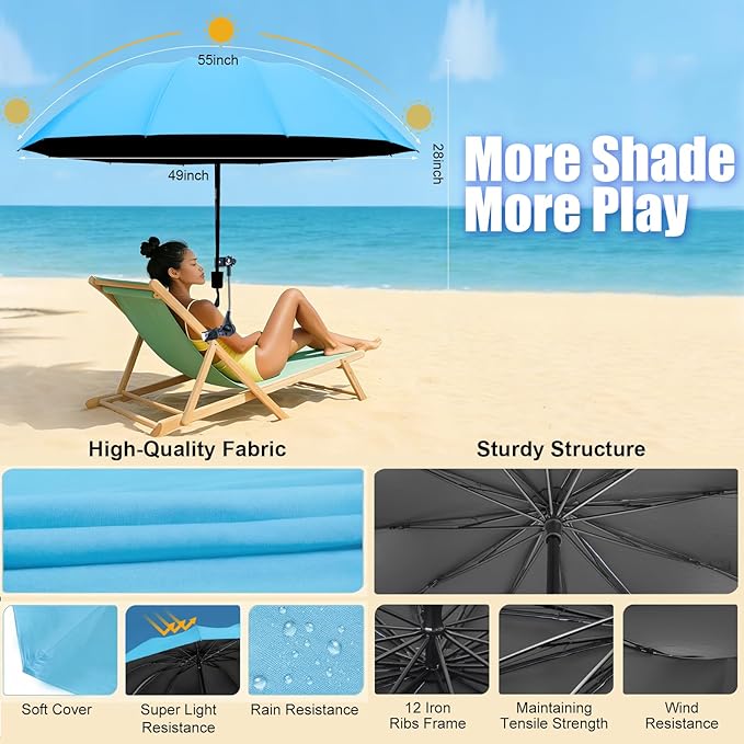 Beach Chair Umbrella with Clamp 360° Adjustable Clip On Umbrella for Camping Chair UPF 50+ UV Protection Sun Shade Portable Stroller Umbrellas for Travel, Wheelchair, Boat, Patio, Golf Cart