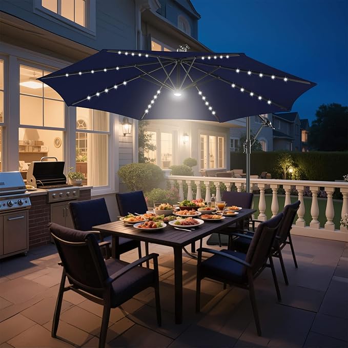 Solar Offset Patio Umbrella - 10 FT Solar Cantilever Umbrella Outdoor with 40 LED Lights and Cross Base, UV Protection for Garden, Deck, Backyard, Pool, Porch, Navy Bluery