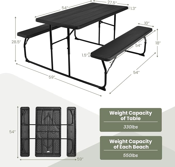 Moccha Folding Picnic Table - Portable Picnic Table with Benches, HDPE Tabletop, Metal Frame, Foldable Camping Table, Outdoor Dining Table Set for Garden Party BBQ Patio Table Bench Set (Black)