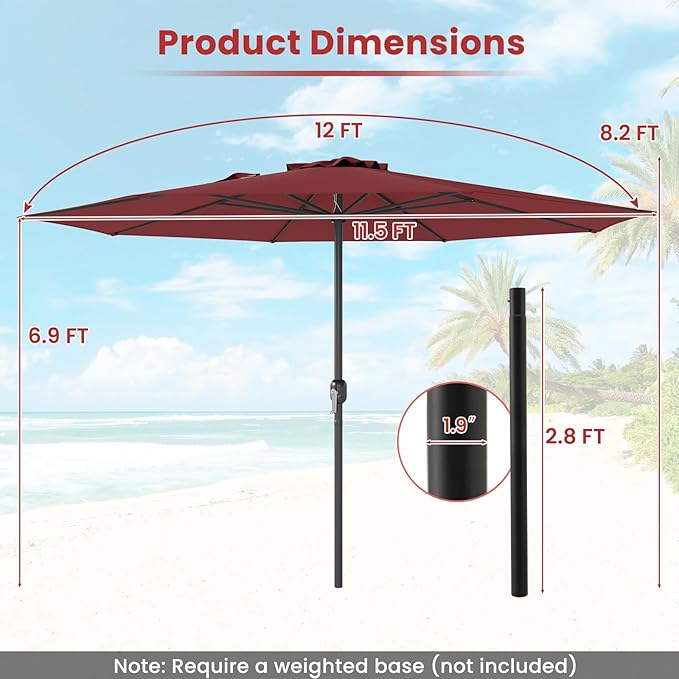Tangkula 12 FT Patio Umbrella, Outdoor Market Umbrella with Crank Handle, 8 Sturdy Ribs, Double-Tiered Table Umbrella, Sun-Protective Waterproof Canopy Round Parasol for Garden Backyard Pool (Wine)