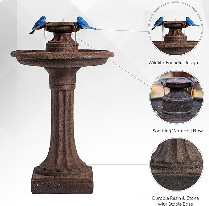 XBrand 28" Outdoor Bird Bath Fountain, Brown Resin, Decorative 1-Tier Water Feature for Patio