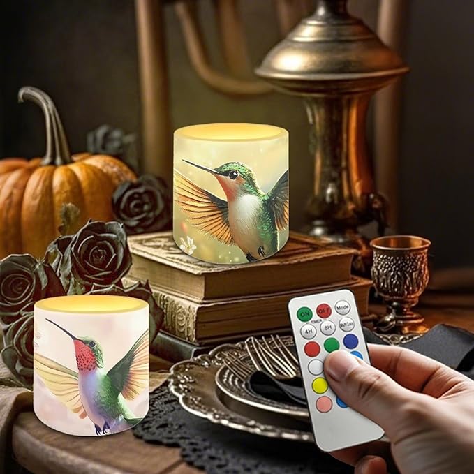 Vintage Flower Hummingbird 3 inch Flameless LED Candles with Remote Timer Set of 4 Home Decorative Realistic Flickering Flameless Candles with Battery Operated
