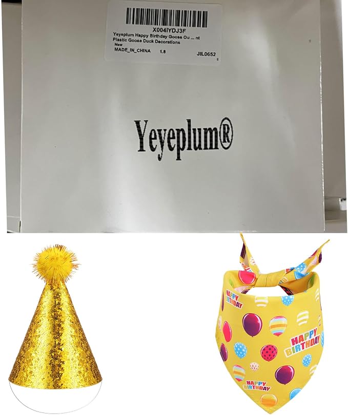 Happy Birthday Goose Outfit with Glitter Hat and Bandana,Yellow | for 23" 17" Cement Plastic Porch Goose, Outdoor Statue Patio Yard Lawn Art