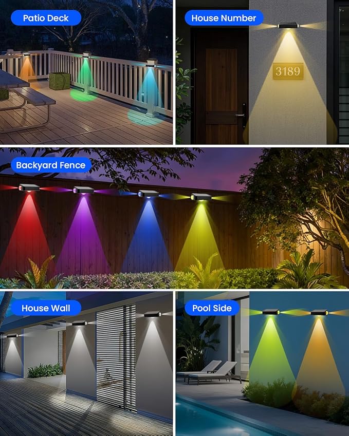 BUNEE Waterproof Solar Fence Lights Outdoor 8 Pack 12 RGB Color Changing Mode Decorative LED 3-Sided Solar Powered Landscape Wall Lighting, Decor for Outside Patio Step Backyard Deck Railing Pool