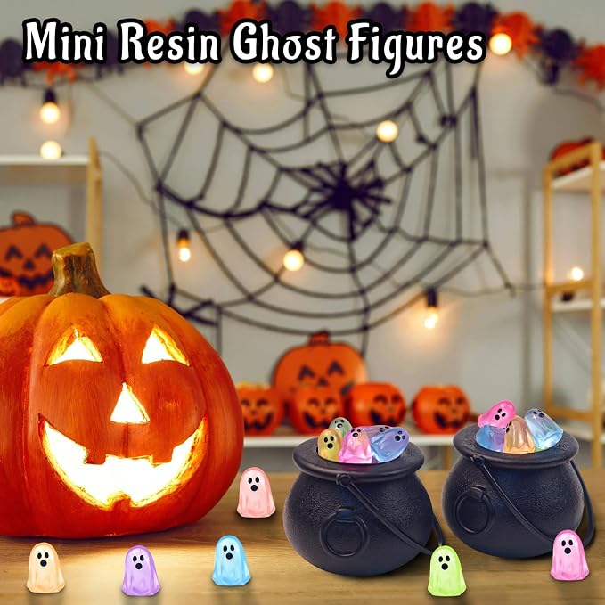 84 Pcs Halloween Luminous Mini Resin Ghost Figures Glow in the Dark Tiny Little Ghost Statue Miniature Figurines for Halloween Crafts Vase Filler Micro Landscape Fairy Garden Party Decor