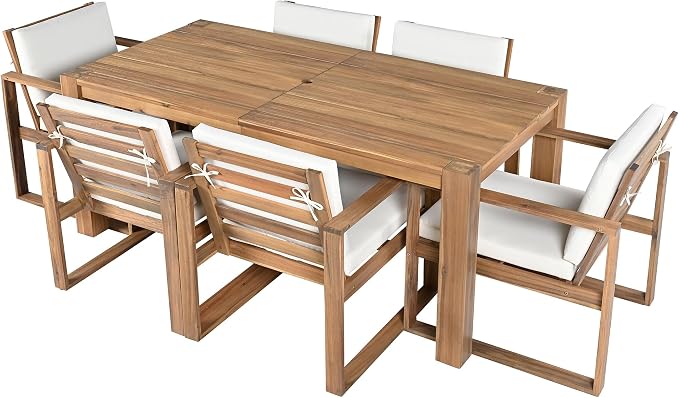 Merax Outdoor Patio Dining Table Set, 7-Piece Outdoor Dining Table Sets with Umbrella Hole Cut-Out Table and 6 Chairs with Removable Cushion, Acacia Wood Dining Sets Outdoor Furniture Set, Light Teak
