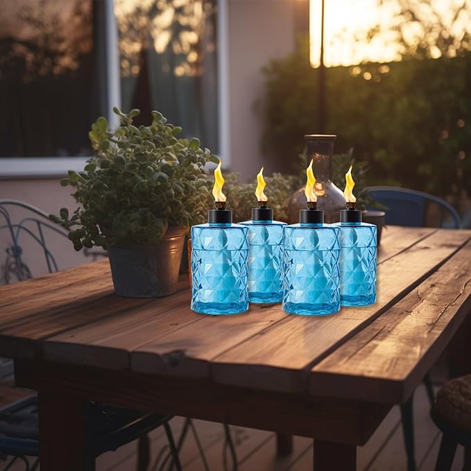 4 Pack Blue Glass Table Top Torches with Wick and Cap,Citronella Torches Outdoor,Refillable Flame Light Torch,Decorative Tabletop Lantern for Yard,Patio,Deck,Garden,Outdoor Party,Landscape
