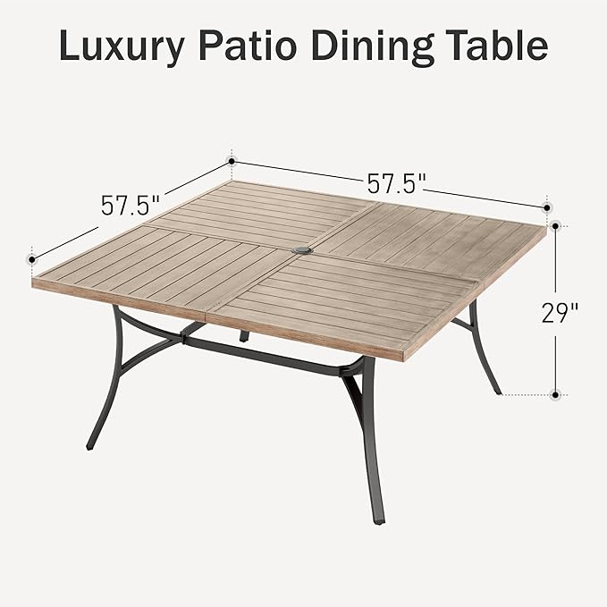 PHI VILLA 57.5" Outdoor Patio Table for 8 Person, Large Square Metal Steel Dining Table with Umbrella Hole, Weather-Resistant Wood-Like Table for Deck Backyards Porch, Brown