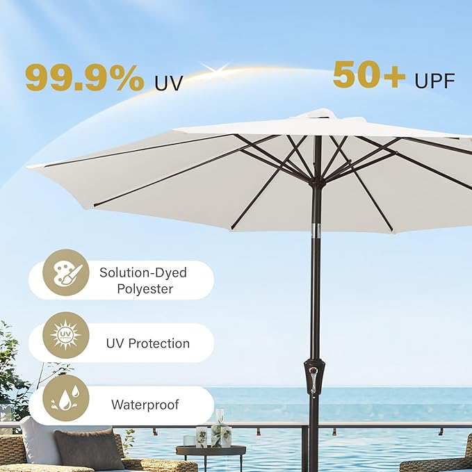 MEWAY 9ft Patio Umbrella Outdoor Table Umbrellas with Push Button Tilt and Crank, Market Umbrella 8 Sturdy Ribs for Deck, Garden, Pool and Backyard, Creamy-white