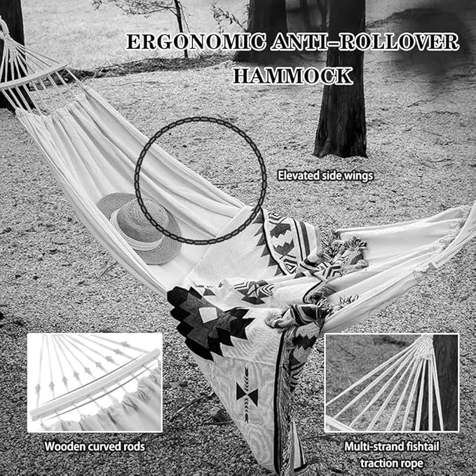 Anti-Rollover Hammock with Wooden Arc Pole, Camping Portable Hanging Bed with Carabiner, Relaxation, Load Bearing 250kg/350kg(Brown,6.6 * 2.6ft)