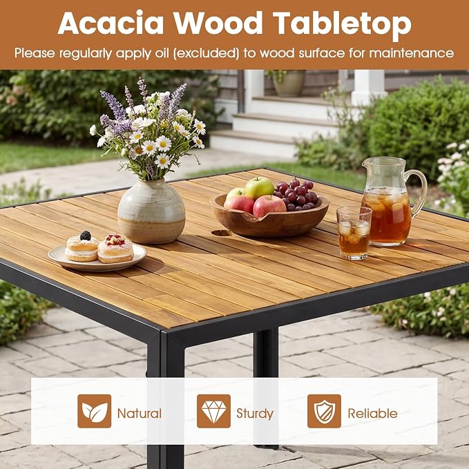 Tangkula 36" Square Patio Dining Table for 4, Acacia Wood Outdoor Table with Slatted Top, 1.97" Umbrella Hole and Heavy Duty Metal Frame, Outside Table for Porch, Garden, Backyard, Deck and Poolside