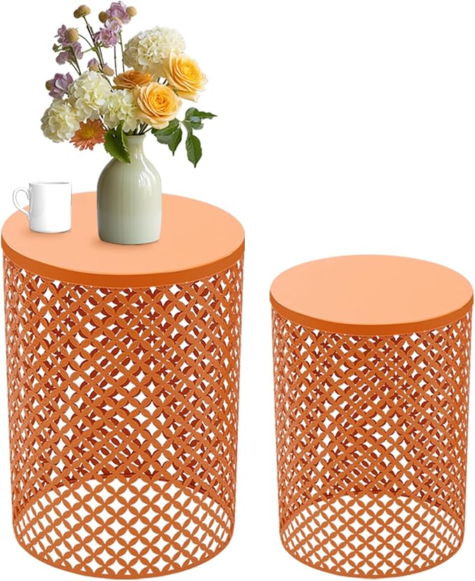 Set of 2 Outdoor Side Table, Garden Stool for Patio, Metal Accent Table Modern End Table, Patio Side Table for Garden, Balcony, Bedroom Indoor Outdoor Decorative, Terracotta Orange