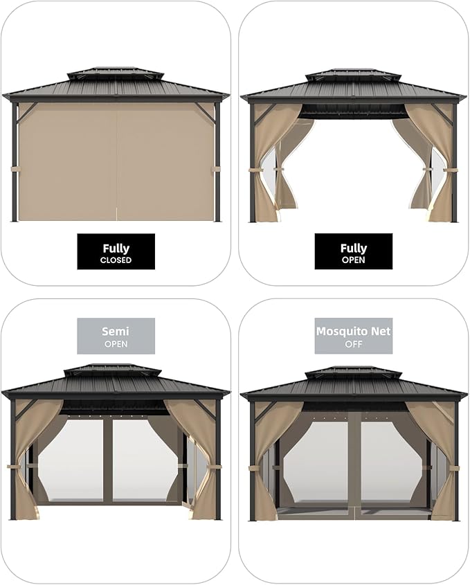 12'X14' Hardtop Gazebo, Metal Double Roof Aluminum Gazebos with Curtain and Netting, Permanent Galvanized Steel Pavilion, Heavy Duty Poles for Patio, Deck, Backyard, Lawn, Garden, Brown