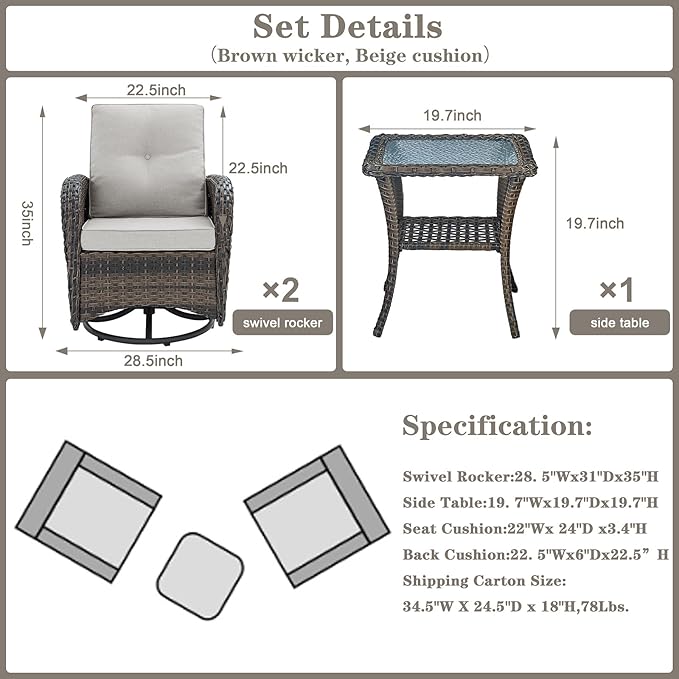 Belord Patio Wicker Chairs Swivel Rocker - Outdoor Swivel Rocking Chairs Set of 2 with Rattan Side Table, Patio Swivel Glider Chair 3 Piece Patio Furniture Sets for Deck Porch Pool Brown/Beige
