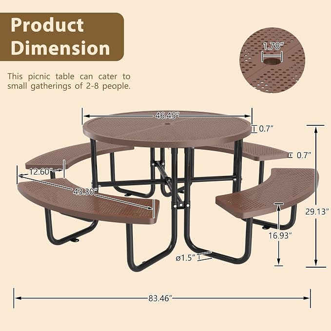 46'' Round Metal Picnic Table with 1.78" Umbrella Hole, Heavy-Duty Stainless Steel Mesh Top Outdoor Table, Rust Resistant Weatherproof Patio Dining Table, For Backyard, Garden & Picnic, Coffee