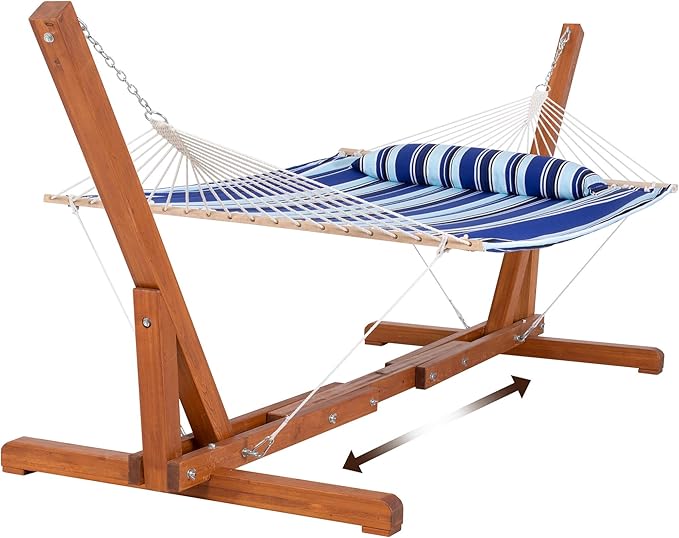 SUNCREAT Two Person Hammock with Stand Included Heavy Duty, Free Standing Hammocks Outdoors for 2 Person, Max 475lbs Capacity, Blue Stripes