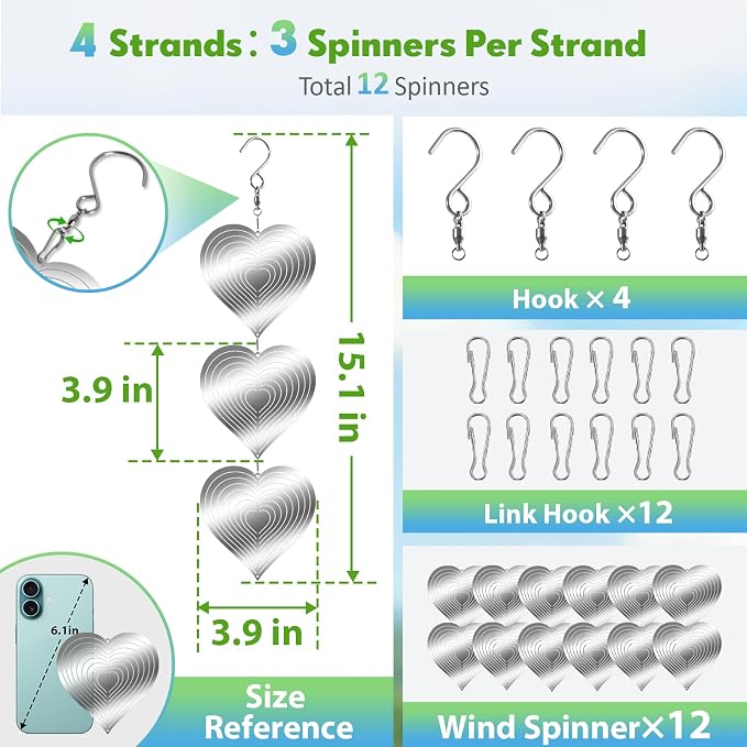 Bird Deterrents for Outside, 12 Discs Stainless Steel 3D Wind Spinners Garden Decor, 4 Sets Reflective Bird Scare Devices to Keep Woodpeckers, Pigeons Away from Patio, Balcony, Porch, Deck