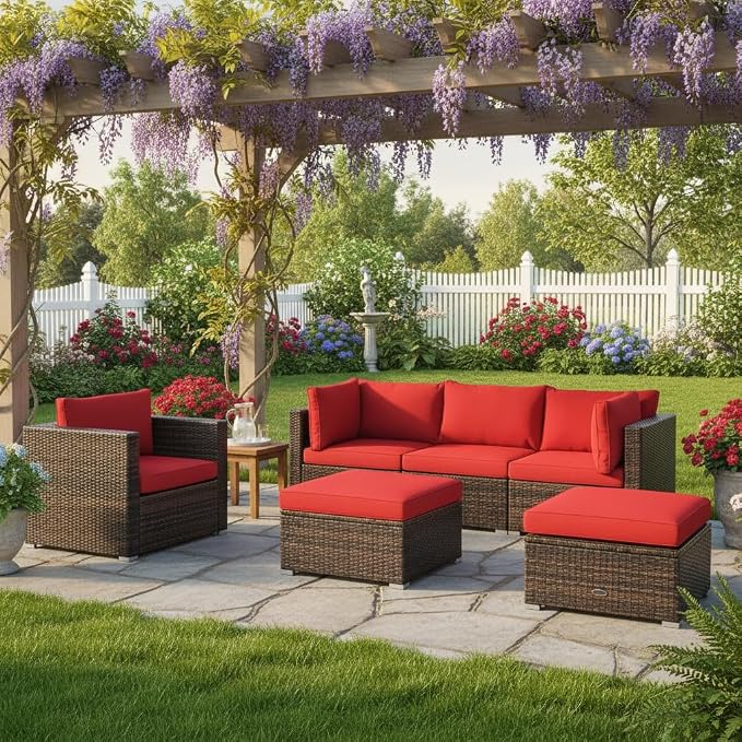 Tangkula 6 Pieces Wicker Patio Furniture Set, PE Rattan Outdoor Sectional Conversation Set with Glass Coffee Table & Ottoman, Wicker Sofa Set with Cushions for Yard Garden, Deck, Porch (Red)