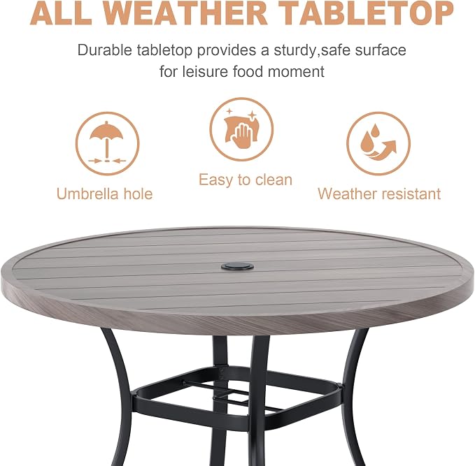 VICLLAX Round Patio Dining Table, 41 inch Metal Outdoor Dining Table with Umbrella Hole for Garden Lawn Balcony Deck,Grey