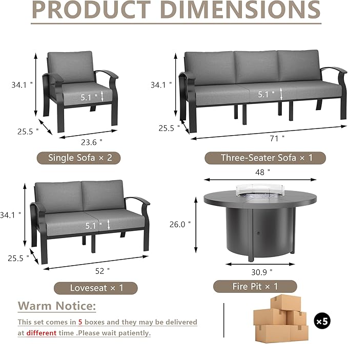 ALAULM Aluminum Patio Furniture Set with Round Propane Fire Pit Table 7-seat Metal Outdoor Furniture w/5.1" Cushions Patio Sectional Sofas for Porch, Lawn, Poolside（Grey