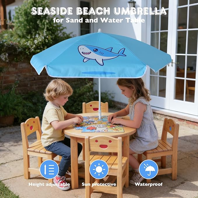 AMMSUN 5ft Seaside Umbrella for Sand Box Water Table - Kids Durable Umbrellas for children Picnic Beach Camping Garden Outdoor Play Shade (5ft Light Blue Shark)