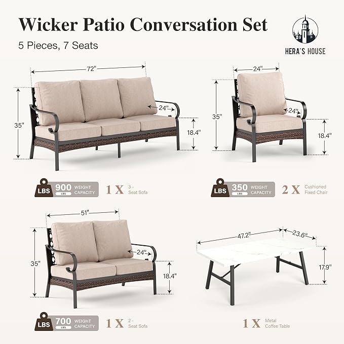 HERA'S HOUSE 5 Piece Metal Patio Furniture Set, 7 Seats All Weather Outdoor Conversation Set, 3 Seat Sofa with Loveseat, 2 Fixed Chairs, Coffee Table for Backyard, Garden, Deck, Beige