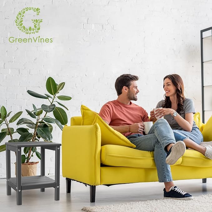 GREENVINES Adirondack-Outdoor-Side-Table | 14 x 13 Inches | HDPE Plastic | All Weather | Grey | Outside End Tables | Storage Shelf | for Patio Porch Backyard Indoor