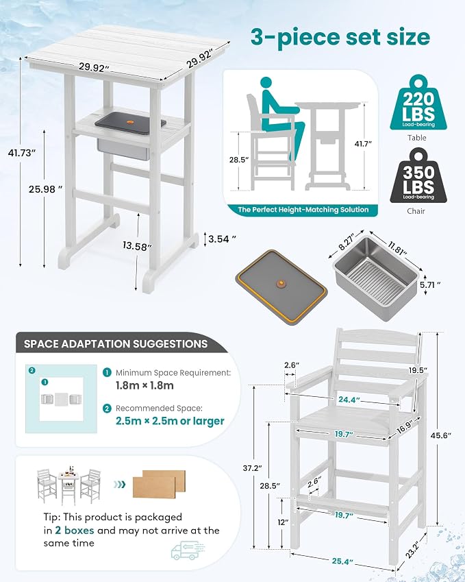 SERWALL Balcony Adirondack Chairs and Table 3 Pieces Set, HDPE Bar Height Chairs Set of 2 and Bar Table with Ice Bucket, Outdoor Bar Stools Set for Bistro, Poolside, Backyard, White