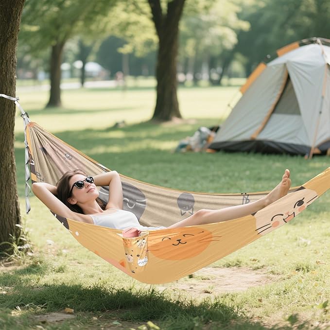 Cute Cartoon Cat 330lb Capacity Camping Hammock with Portabl Carry Bag Tree Hammock for Outside Patio Backyard Poolside hamacas para adultos 2 Personas
