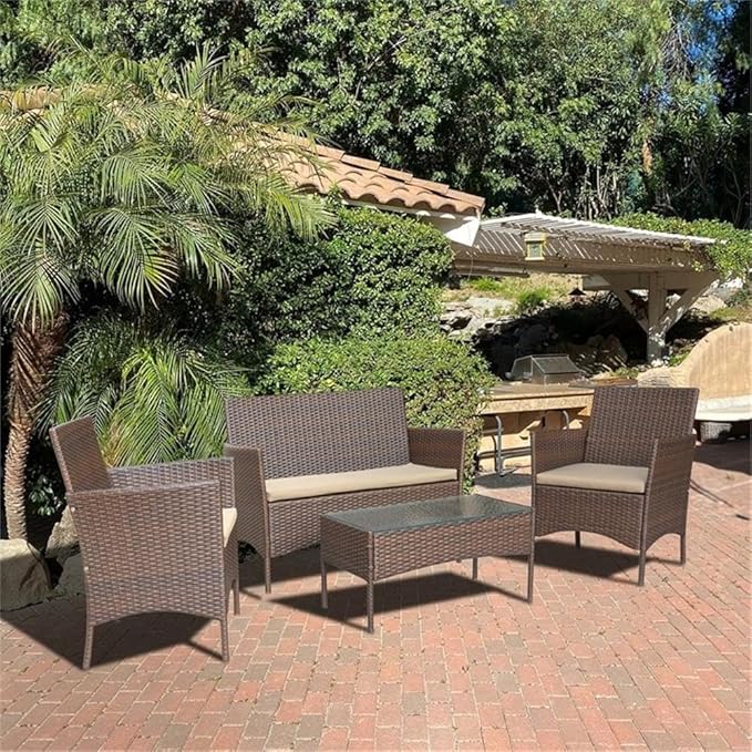 Jeco Conor 4PC Steel Esprsso Resin Wicker Patio Conversation Set with Tan Cushion