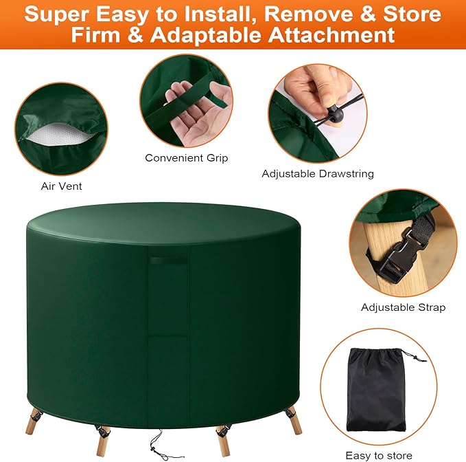 32"(D) x 32"(H) Round Outdoor Furniture Cover, Custom Heavy Duty 420D Waterproof Patio Furniture Cover with Drawstring & Buckles for Table Chair Garden, Green