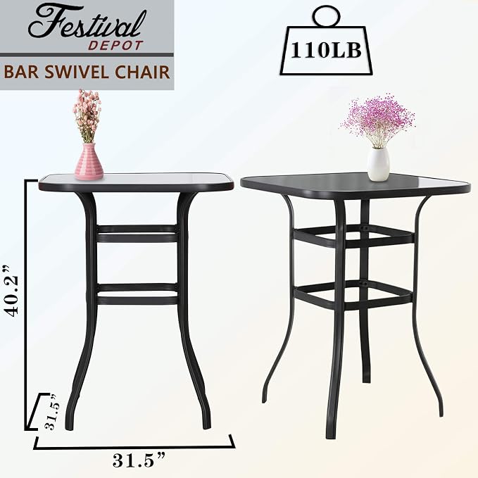 Festival Depot 40" Bar Height Outdoor Patio Bistro Table Metal Square Side Table Tempered Glass Top All Weather (31.5"x 31.5"x 41.2"H)