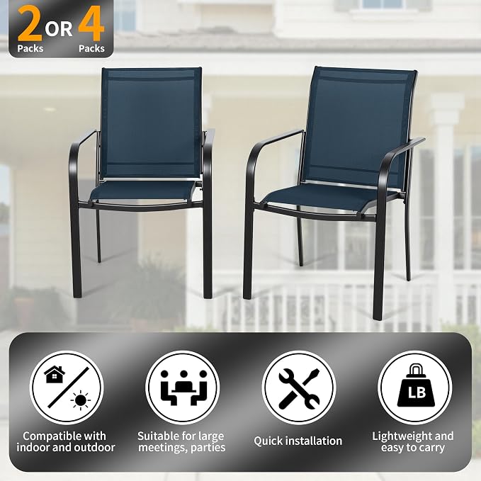 SUNCROWN 5 - Piece Furniture Set, Outdoor Dining Set with 4 x Textilene Dinning Chairs and 1 Steel Slat Metal Bistro Table for Lawn Garden Backyard Deck, Dark Blue