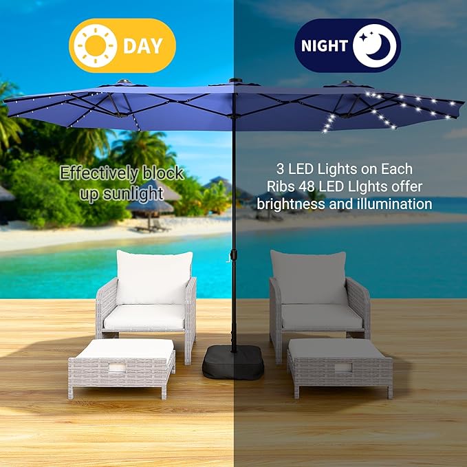 CHABATREE 14FT Large Patio Patio Umbrella with Base & Solar LED Lights - Double-Sided,Blue