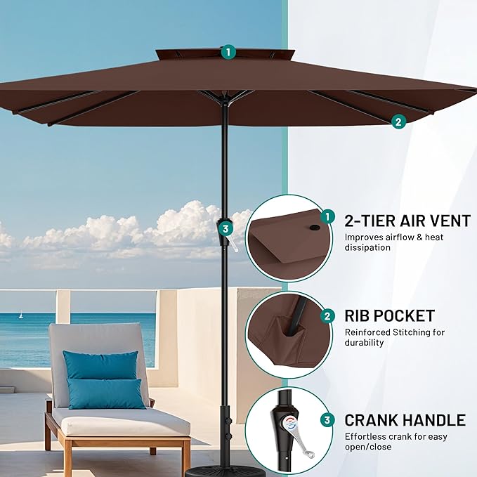 AreShark 8'x10' 2 Tiers Rectangular Patio Umbrella - Outdoor Umbrella Waterproof UV Protection, Market Table Umbrella w/Crank for Pool, Backyard, Deck(Dark Brown)