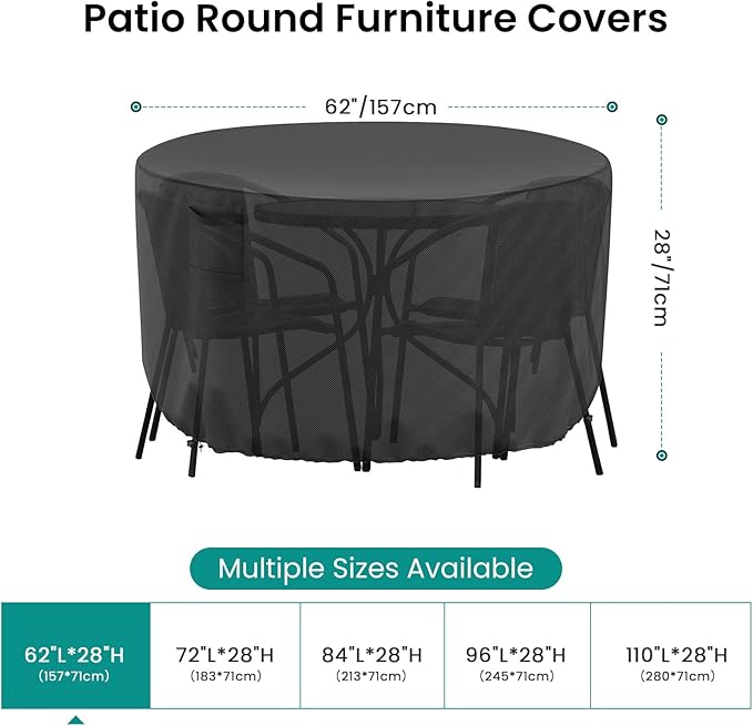 Round Outdoor Table Cover, Heavy-Duty Waterproof Patio Furniture Covers, Tear-Resistant Round Patio Table And Chairs Cover, Outdoor Furniture Covers 62" DIA X 28" H-Black