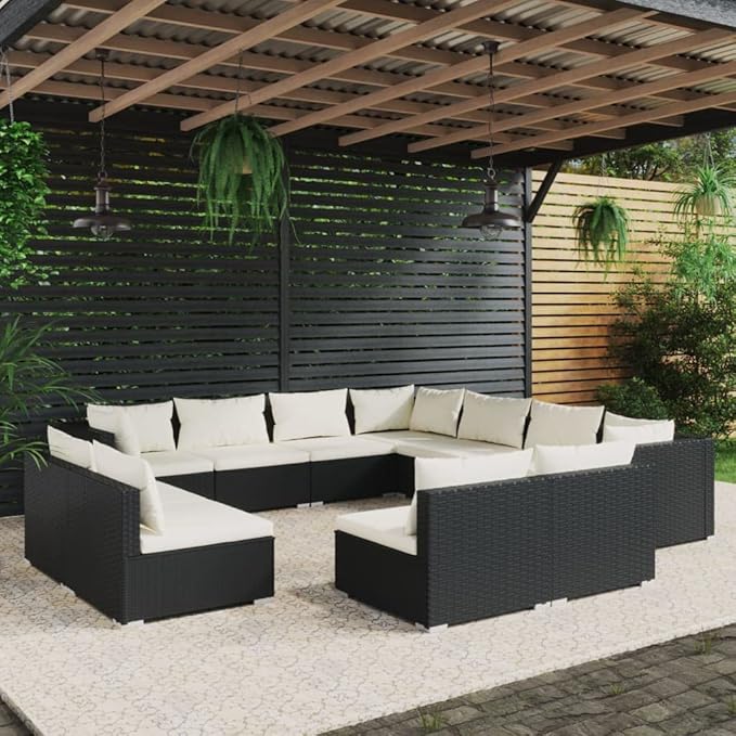 Patio Furniture Sets,Outdoor loveseat,Patio Conversation Sets,11 Piece Patio Lounge Set with Cushions Black Poly RattanSuitable for Patio, Garden, Gazebo Low