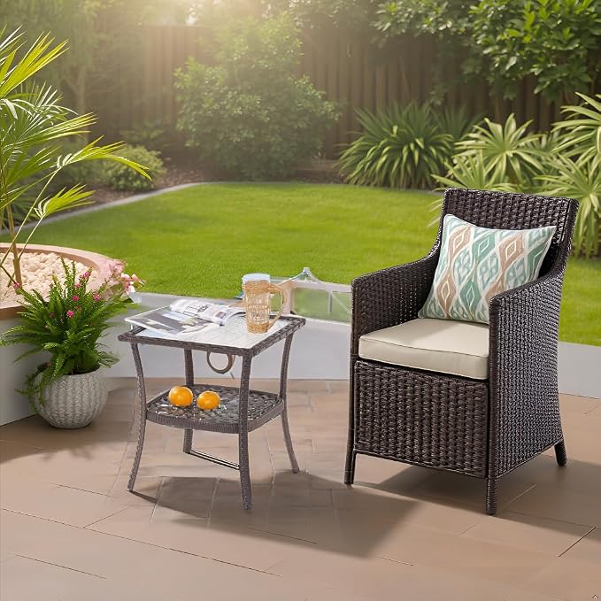 18'' Outdoor Side Table with Tempered Glass Top, Rattan Side Table with Storage, Square Wicker End Coffee Table for Patio Outside Balcony Porch Deck, Brown