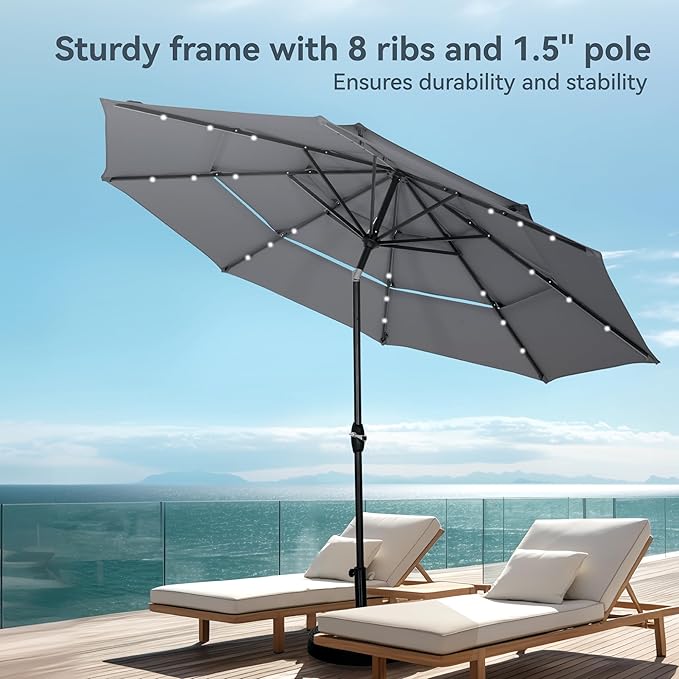 PHI VILLA 10ft Patio Umbrella with Light, Outdoor Large Auto-Tilt 3 Tier Market Table Umbrellas with 8 Sturdy Ribs and 1.5" Pole for Lawn Poolside Garden Terrace,Grey
