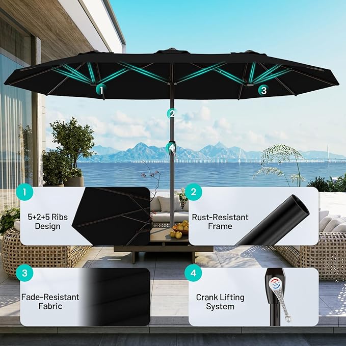 AreShark 15ft Patio Umbrella with Base, Double Sided Outdoor Umbrella with 12 Fiberglass Ribs, Large Outdoor Umbrella for Garden, Pool, Deck, Backyard & Market, Black