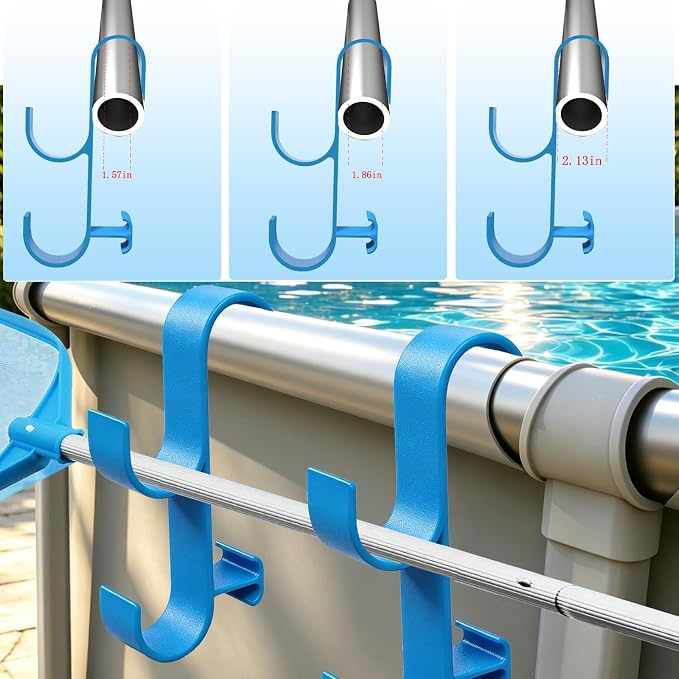 2Pcs Above Ground Pool Pole Hooks, Double Hanging Bracket for Pool Telescopic Pole, Leaf Skimmer Net & Vacuum Hose, Pool Rail Accessory Storage Hanger